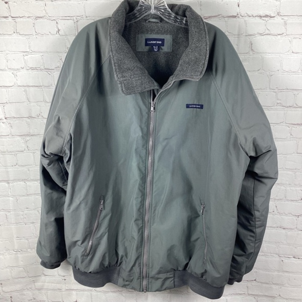 Lands End Squall Jacket Men’s XL/T Gray Wind Proof Therma‎ Check Fleece Lined